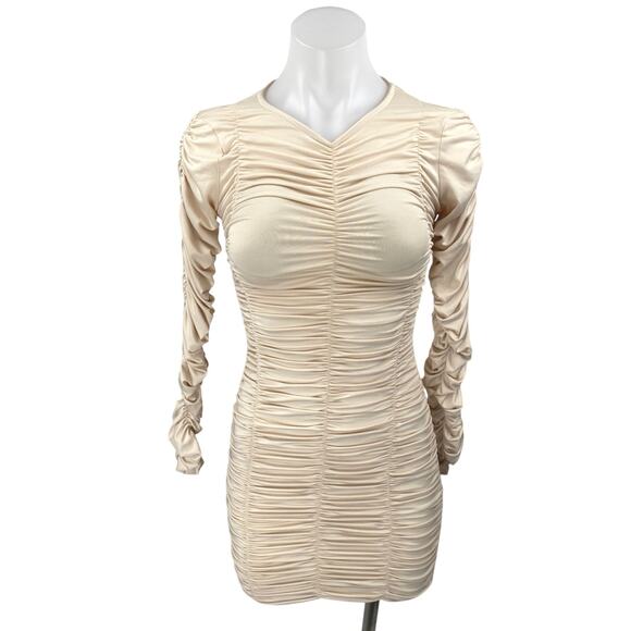 SNDYS Women's Beige Tan Ruched Stretch Long Sleeve Mini Bodycon Dress Size S - Picture 1 of 5